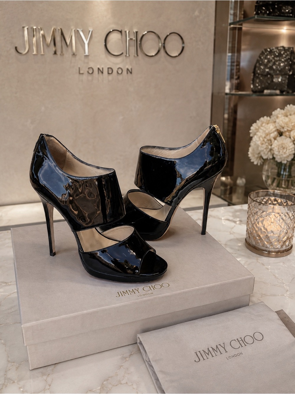 Jimmy Choo “Private” Black Patent Platform Sandals – Size 40 🖤